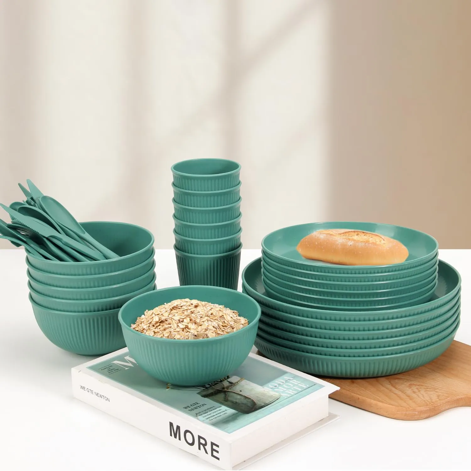OAMCEG Plates and Bowls Sets Kitchen 30 Pcs, Plastic Wheat Straw Dinnerware Set, Dinner Plate/Dessert Plate/Cereal Bowl/Cup/Flatware Set, Dishwasher Microwave Safe, Outdoor Camping Dishes, Green