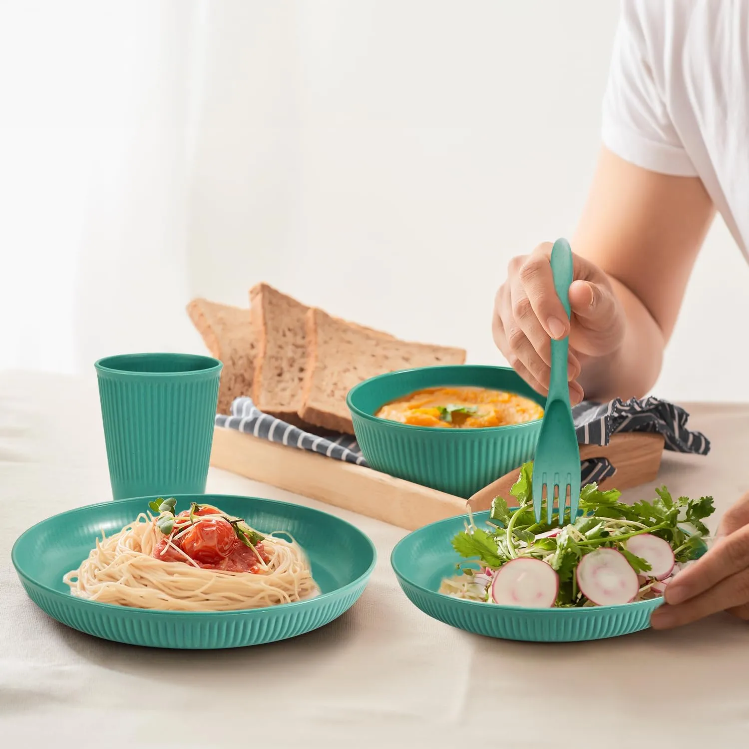 OAMCEG Plates and Bowls Sets Kitchen 30 Pcs, Plastic Wheat Straw Dinnerware Set, Dinner Plate/Dessert Plate/Cereal Bowl/Cup/Flatware Set, Dishwasher Microwave Safe, Outdoor Camping Dishes, Green