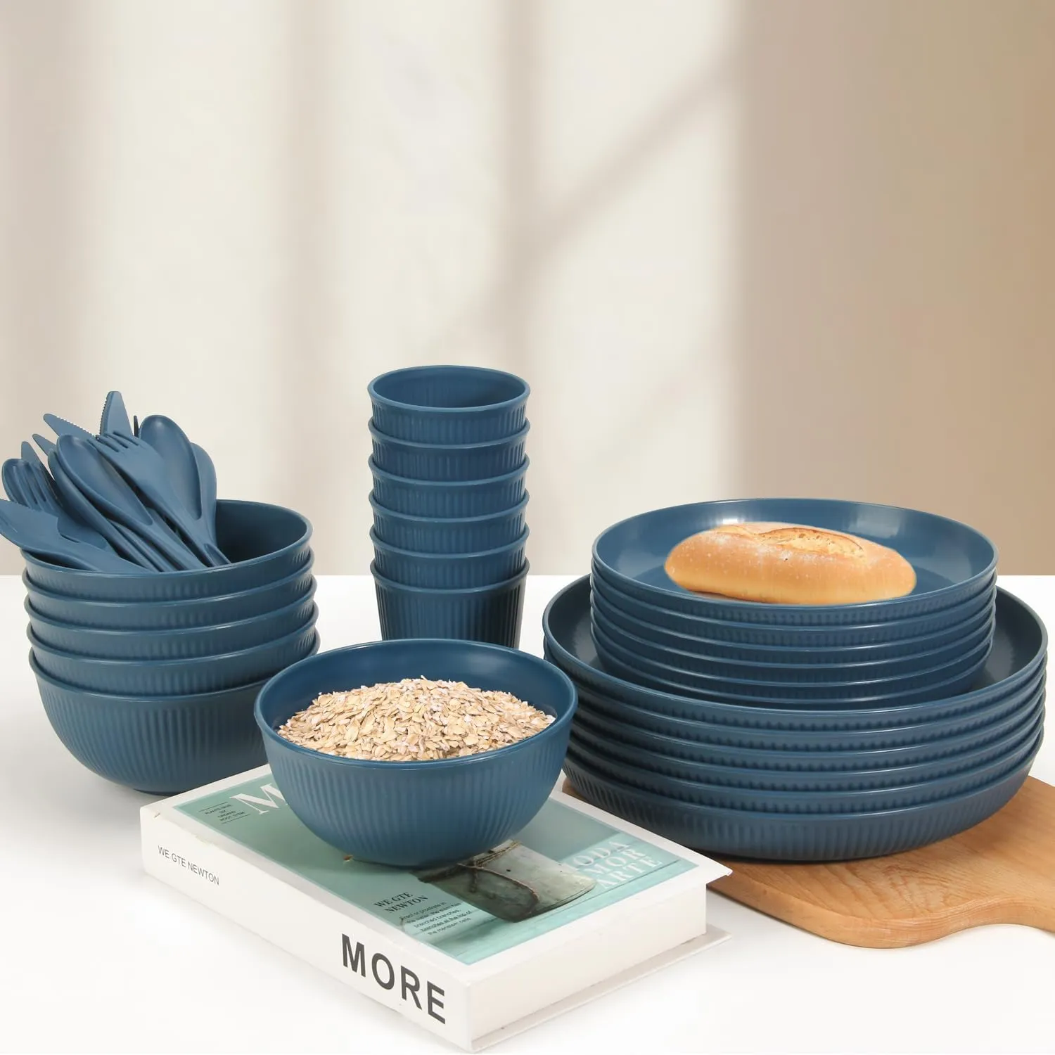 OAMCEG Plates and Bowls Sets Kitchen 30 Pcs, Plastic Wheat Straw Dinnerware Set, Dinner Plate/Dessert Plate/Cereal Bowl/Cup/Flatware Set, Dishwasher Microwave Safe, Outdoor Camping Dishes, Navy