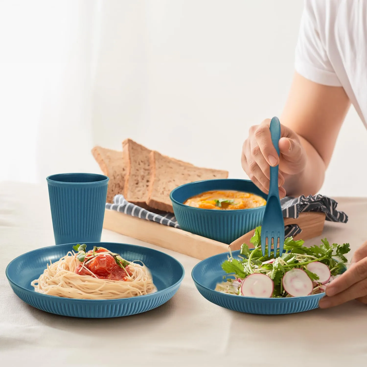 OAMCEG Plates and Bowls Sets Kitchen 30 Pcs, Plastic Wheat Straw Dinnerware Set, Dinner Plate/Dessert Plate/Cereal Bowl/Cup/Flatware Set, Dishwasher Microwave Safe, Outdoor Camping Dishes, Navy