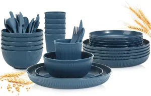 OAMCEG Plates and Bowls Sets Kitchen 30 Pcs, Plastic Wheat Straw Dinnerware Set, Dinner Plate/Dessert Plate/Cereal Bowl/Cup/Flatware Set, Dishwasher Microwave Safe, Outdoor Camping Dishes, Navy