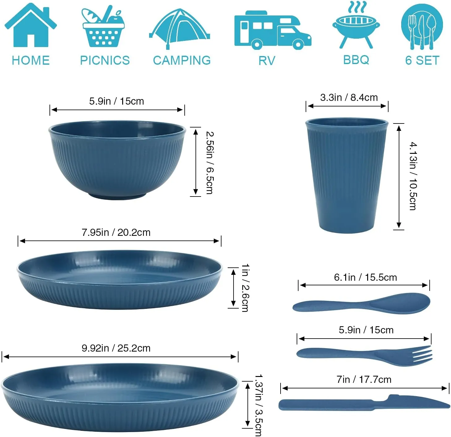 OAMCEG Plates and Bowls Sets Kitchen 30 Pcs, Plastic Wheat Straw Dinnerware Set, Dinner Plate/Dessert Plate/Cereal Bowl/Cup/Flatware Set, Dishwasher Microwave Safe, Outdoor Camping Dishes, Navy