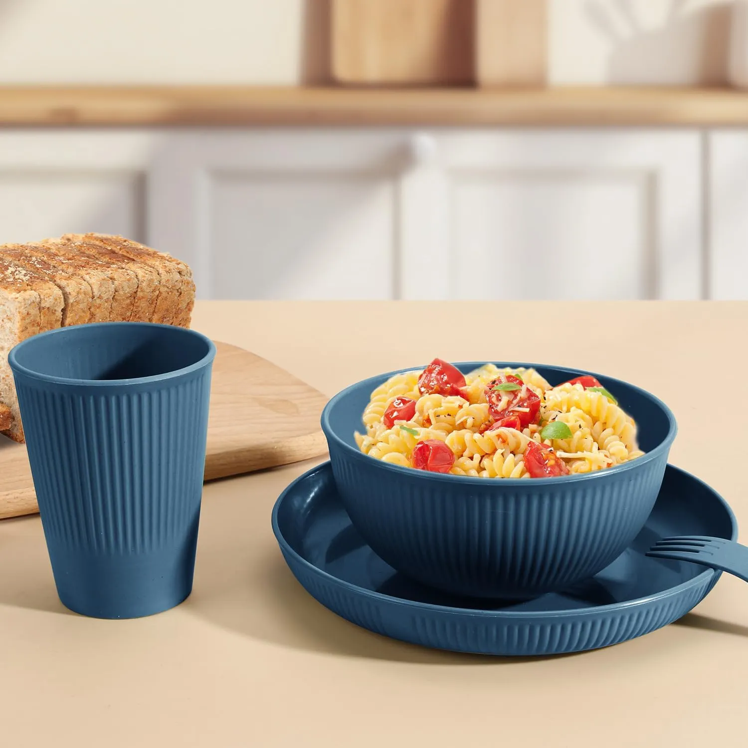 OAMCEG Plates and Bowls Sets Kitchen 30 Pcs, Plastic Wheat Straw Dinnerware Set, Dinner Plate/Dessert Plate/Cereal Bowl/Cup/Flatware Set, Dishwasher Microwave Safe, Outdoor Camping Dishes, Navy