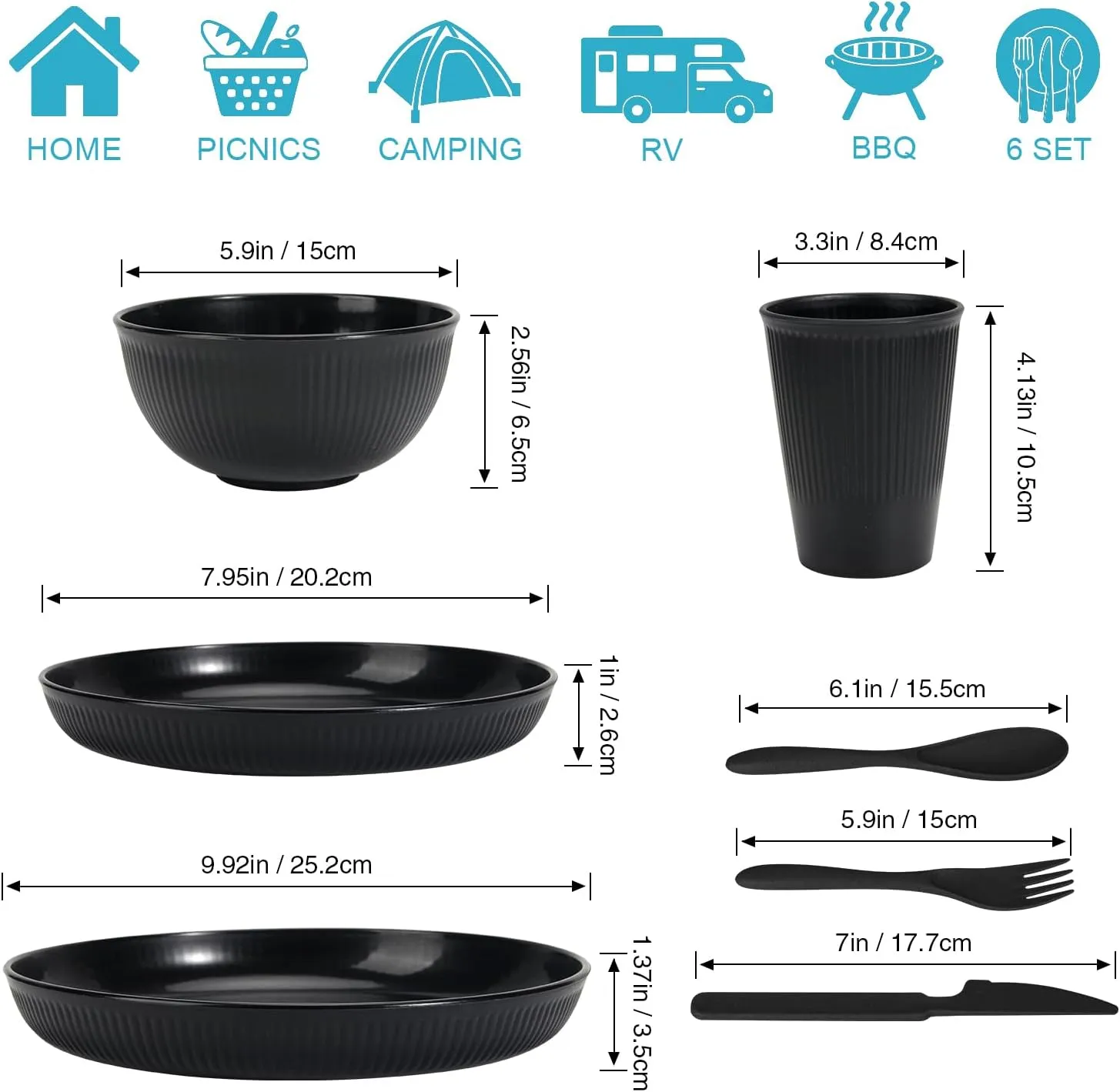 OAMCEG Wheat Straw Dinnerware Set | 30 pcs Plates and Bowls Sets for Kitchen & Camping | Wheatstraw Dinnerware Set Black dish set for 6 (Includes Dinner Plates, Bowls, Cups & Cutlery)