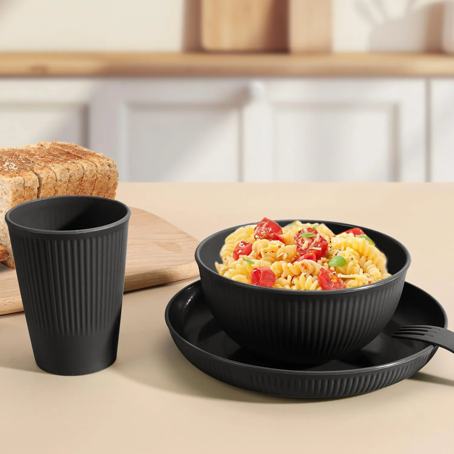 OAMCEG Wheat Straw Dinnerware Set | 30 pcs Plates and Bowls Sets for Kitchen & Camping | Wheatstraw Dinnerware Set Black dish set for 6 (Includes Dinner Plates, Bowls, Cups & Cutlery)