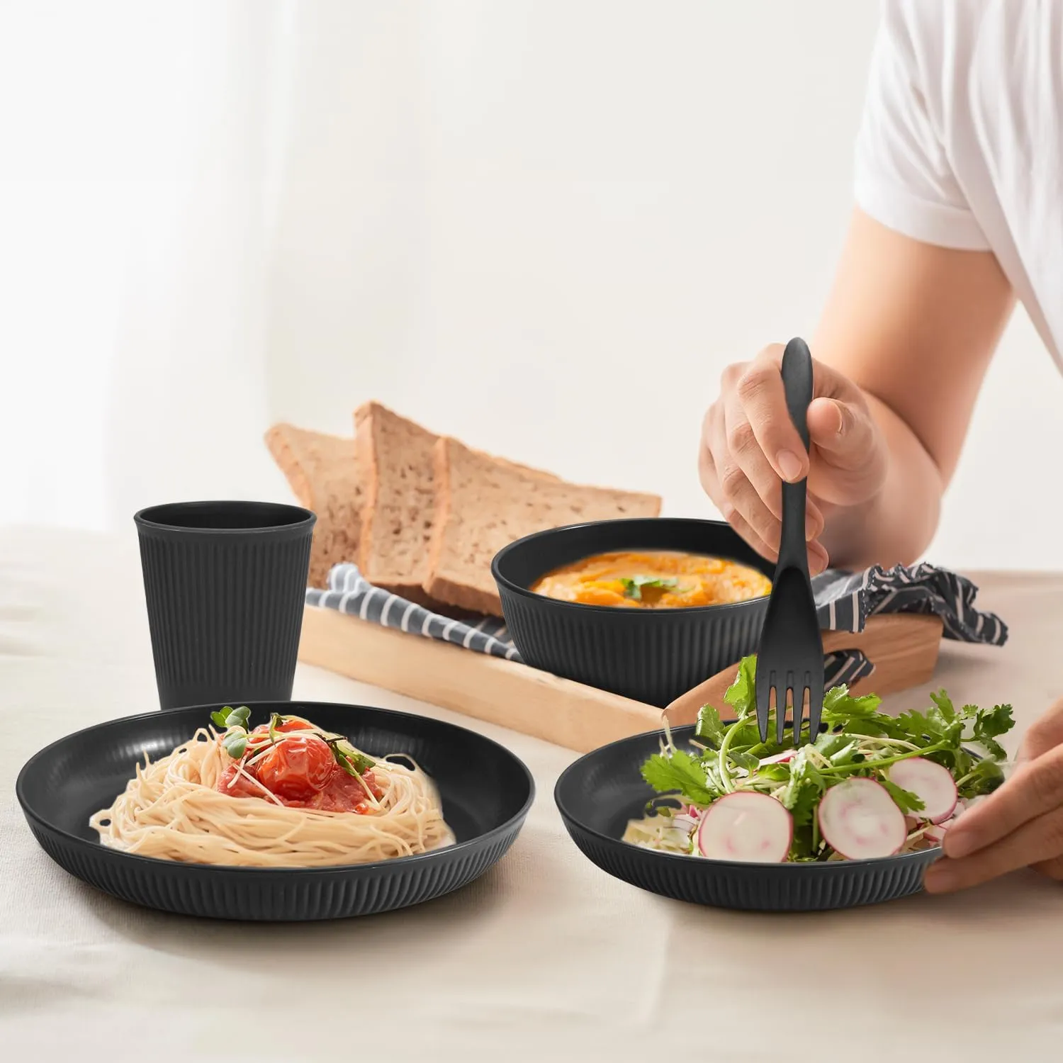 OAMCEG Wheat Straw Dinnerware Set | 30 pcs Plates and Bowls Sets for Kitchen & Camping | Wheatstraw Dinnerware Set Black dish set for 6 (Includes Dinner Plates, Bowls, Cups & Cutlery)