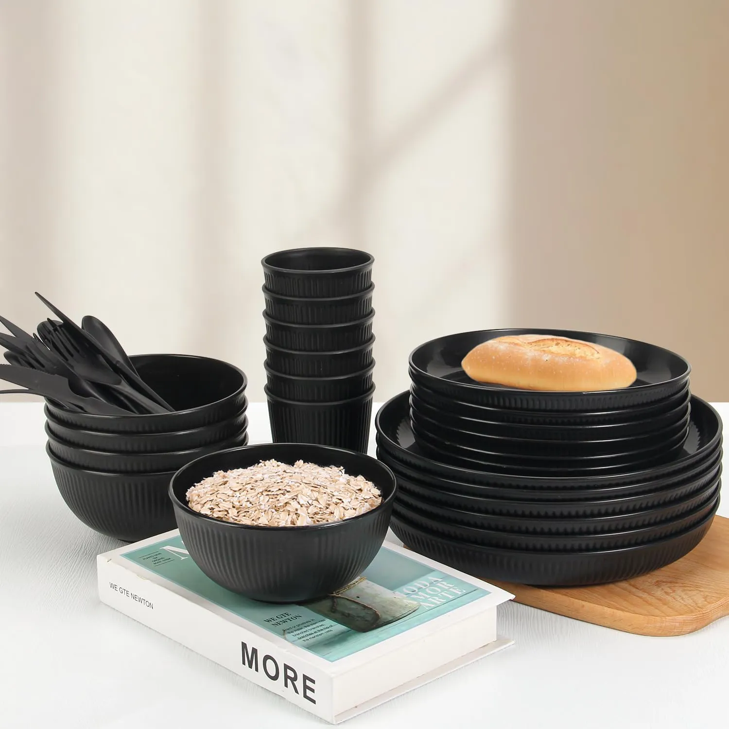 OAMCEG Wheat Straw Dinnerware Set | 30 pcs Plates and Bowls Sets for Kitchen & Camping | Wheatstraw Dinnerware Set Black dish set for 6 (Includes Dinner Plates, Bowls, Cups & Cutlery)