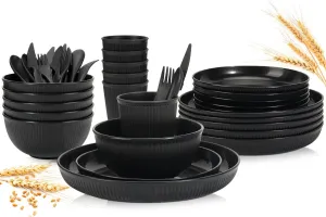 OAMCEG Wheat Straw Dinnerware Set | 30 pcs Plates and Bowls Sets for Kitchen & Camping | Wheatstraw Dinnerware Set Black dish set for 6 (Includes Dinner Plates, Bowls, Cups & Cutlery)