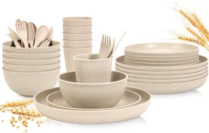 OAMCEG Wheat Straw Dinnerware Sets 30 Pcs, Plastic Dinnerware Set for Kitchen & Camping, Wheatstraw Plates and Bowls for 6, Beige(Includes 2 Size Plates, Bowls, Cups & Cutlery）