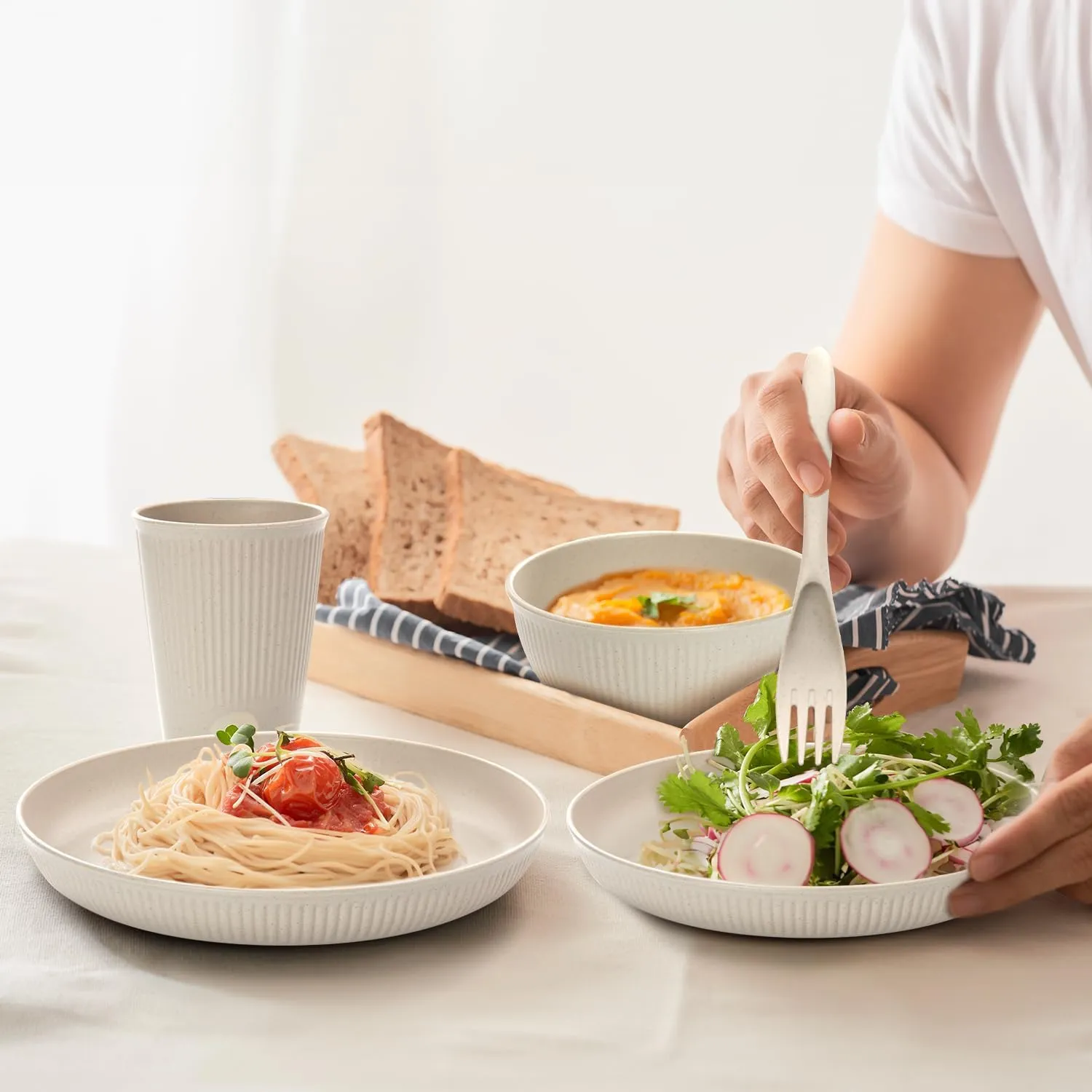 OAMCEG Wheat Straw Dinnerware Sets 30 Pcs, Plastic Dinnerware Set for Kitchen & Camping, Wheatstraw Plates and Bowls for 6, Beige(Includes 2 Size Plates, Bowls, Cups & Cutlery）