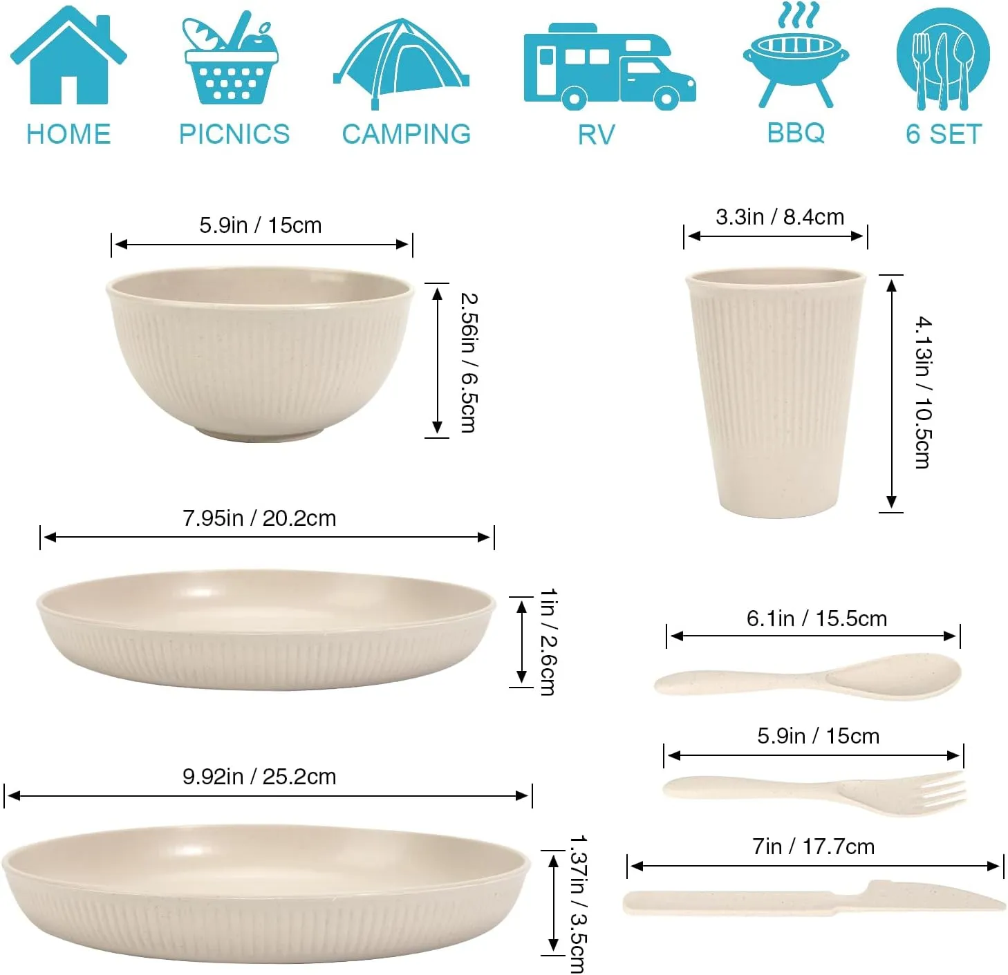 OAMCEG Wheat Straw Dinnerware Sets 30 Pcs, Plastic Dinnerware Set for Kitchen & Camping, Wheatstraw Plates and Bowls for 6, Beige(Includes 2 Size Plates, Bowls, Cups & Cutlery）