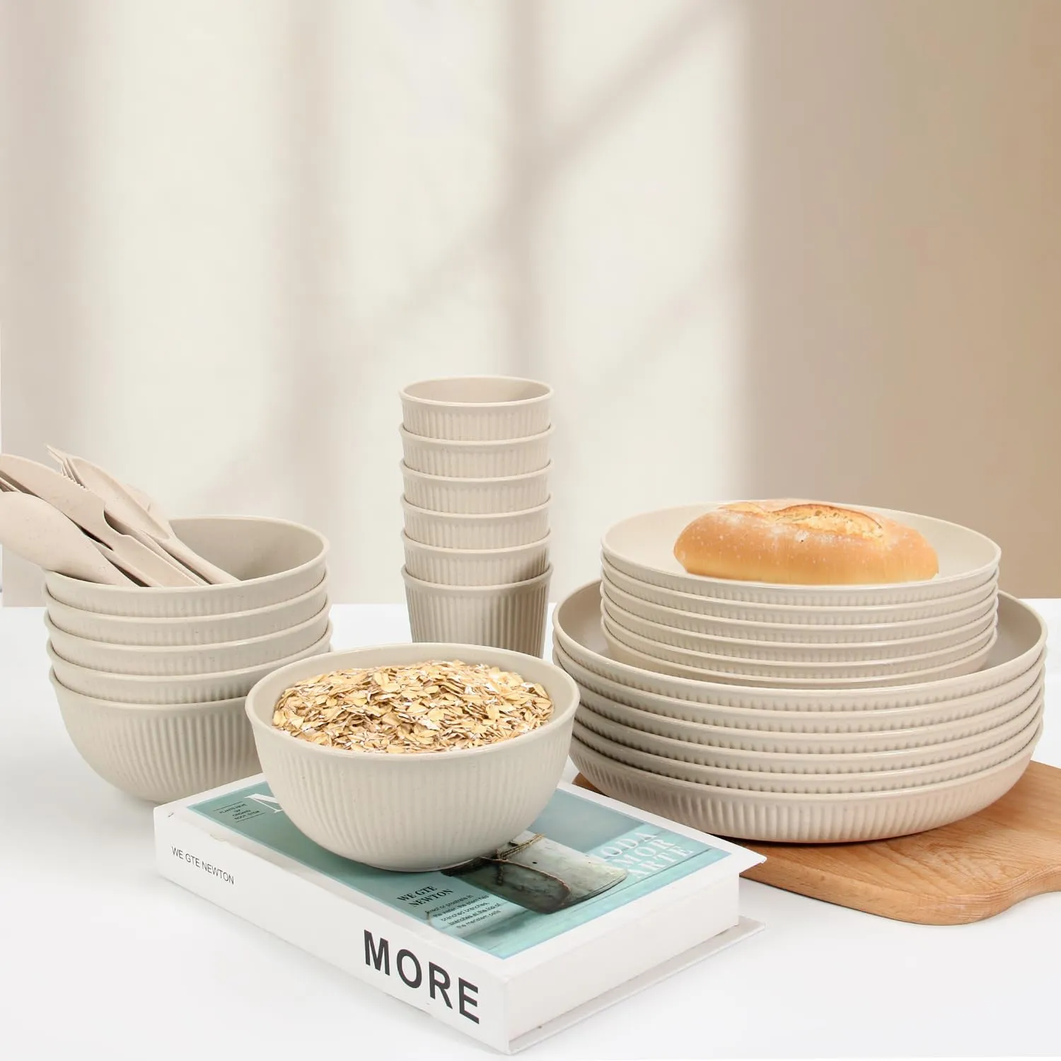 OAMCEG Wheat Straw Dinnerware Sets 30 Pcs, Plastic Dinnerware Set for Kitchen & Camping, Wheatstraw Plates and Bowls for 6, Beige(Includes 2 Size Plates, Bowls, Cups & Cutlery）