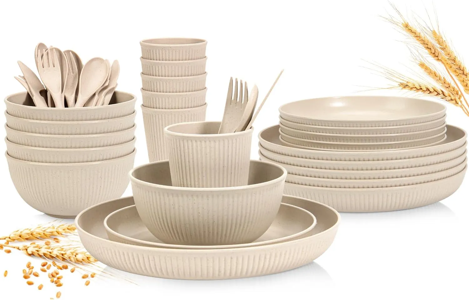OAMCEG Wheat Straw Dinnerware Sets 30 Pcs, Plastic Dinnerware Set for Kitchen & Camping, Wheatstraw Plates and Bowls for 6, Beige(Includes 2 Size Plates, Bowls, Cups & Cutlery）