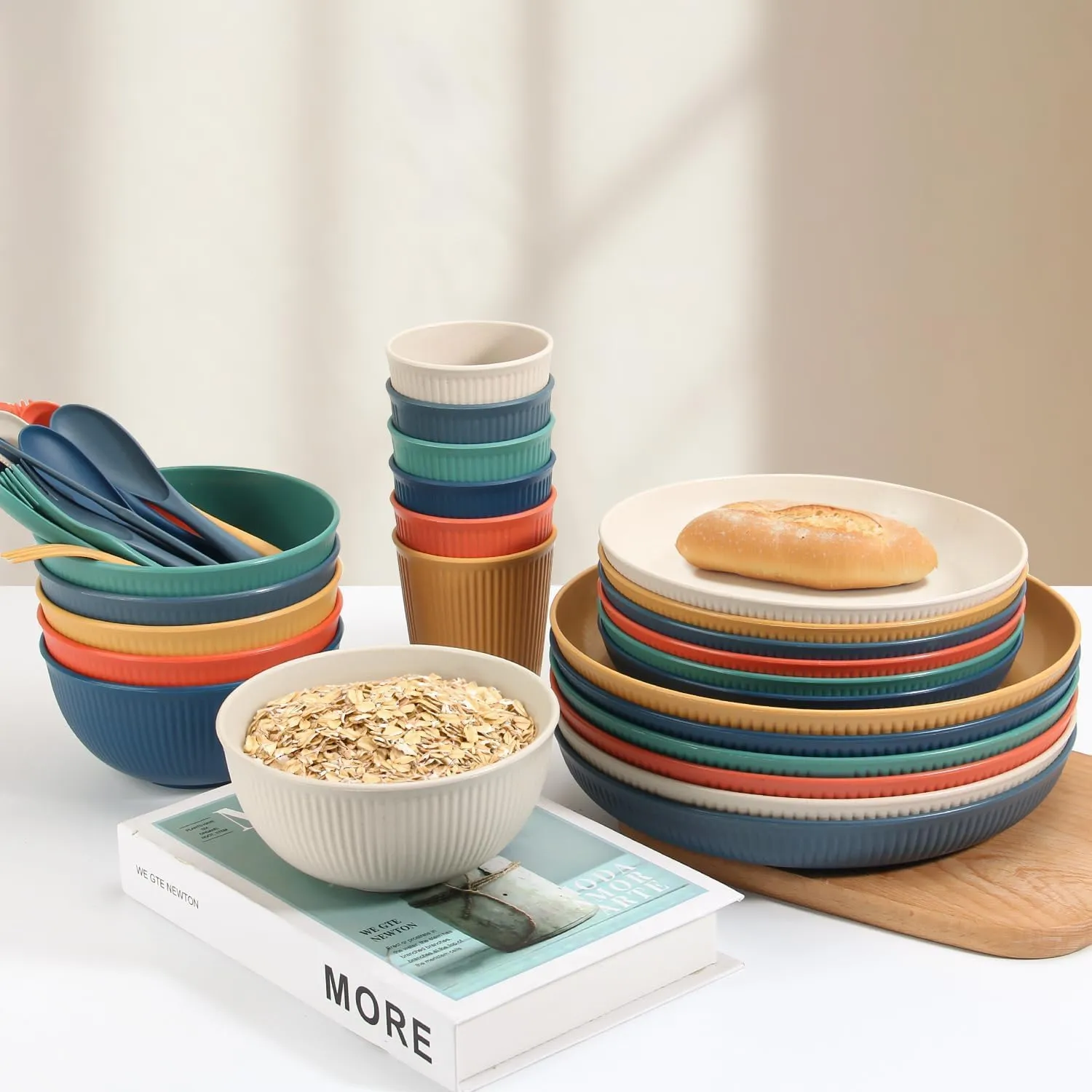 OAMCEG Wheat Straw Dinnerware Sets 30pcs, Plates and Bowls Sets for 6, Plastic Wheatstraw Dinnerware Set for Kitchen & Camping, Plates and Bowls Dish Set, Colorful
