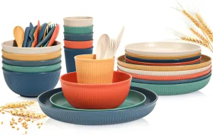 OAMCEG Wheat Straw Dinnerware Sets 30pcs, Plates and Bowls Sets for 6, Plastic Wheatstraw Dinnerware Set for Kitchen & Camping, Plates and Bowls Dish Set, Colorful