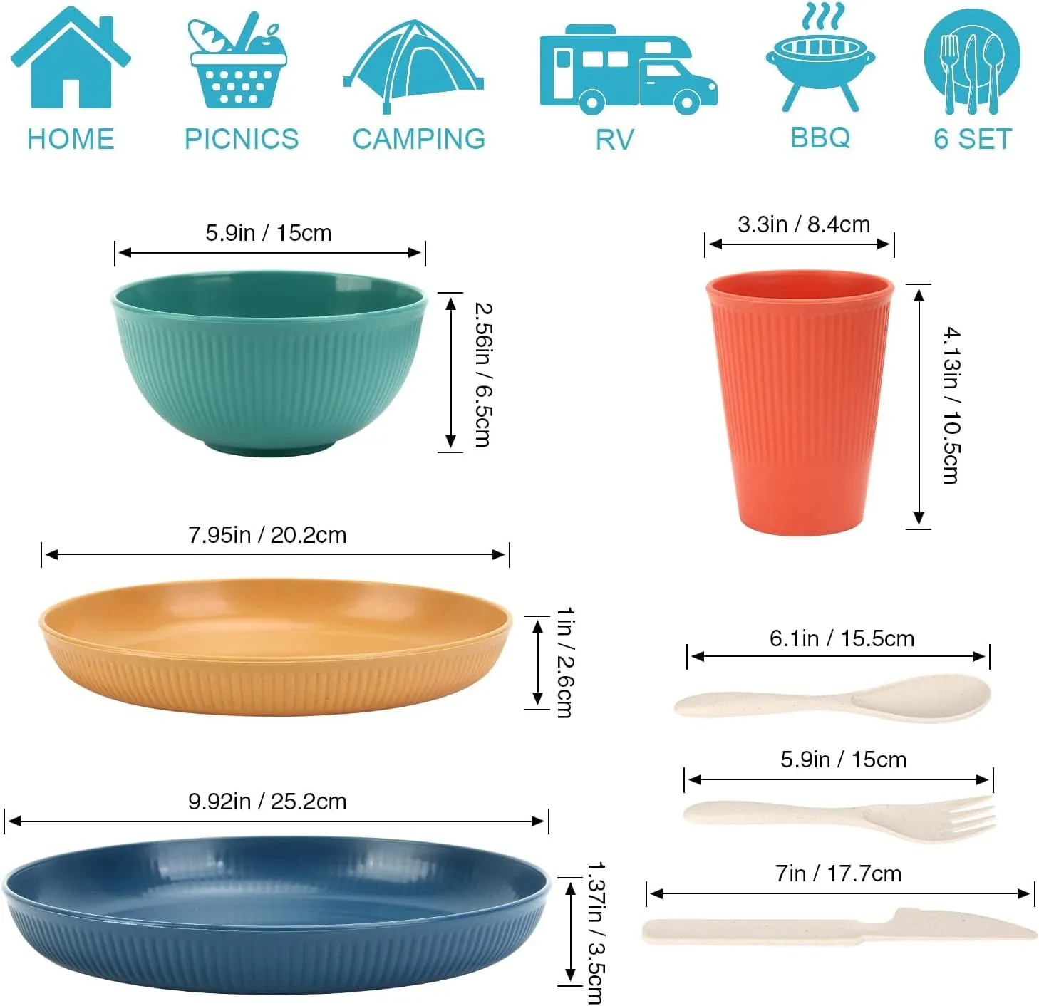 OAMCEG Wheat Straw Dinnerware Sets 30pcs, Plates and Bowls Sets for 6, Plastic Wheatstraw Dinnerware Set for Kitchen & Camping, Plates and Bowls Dish Set, Colorful