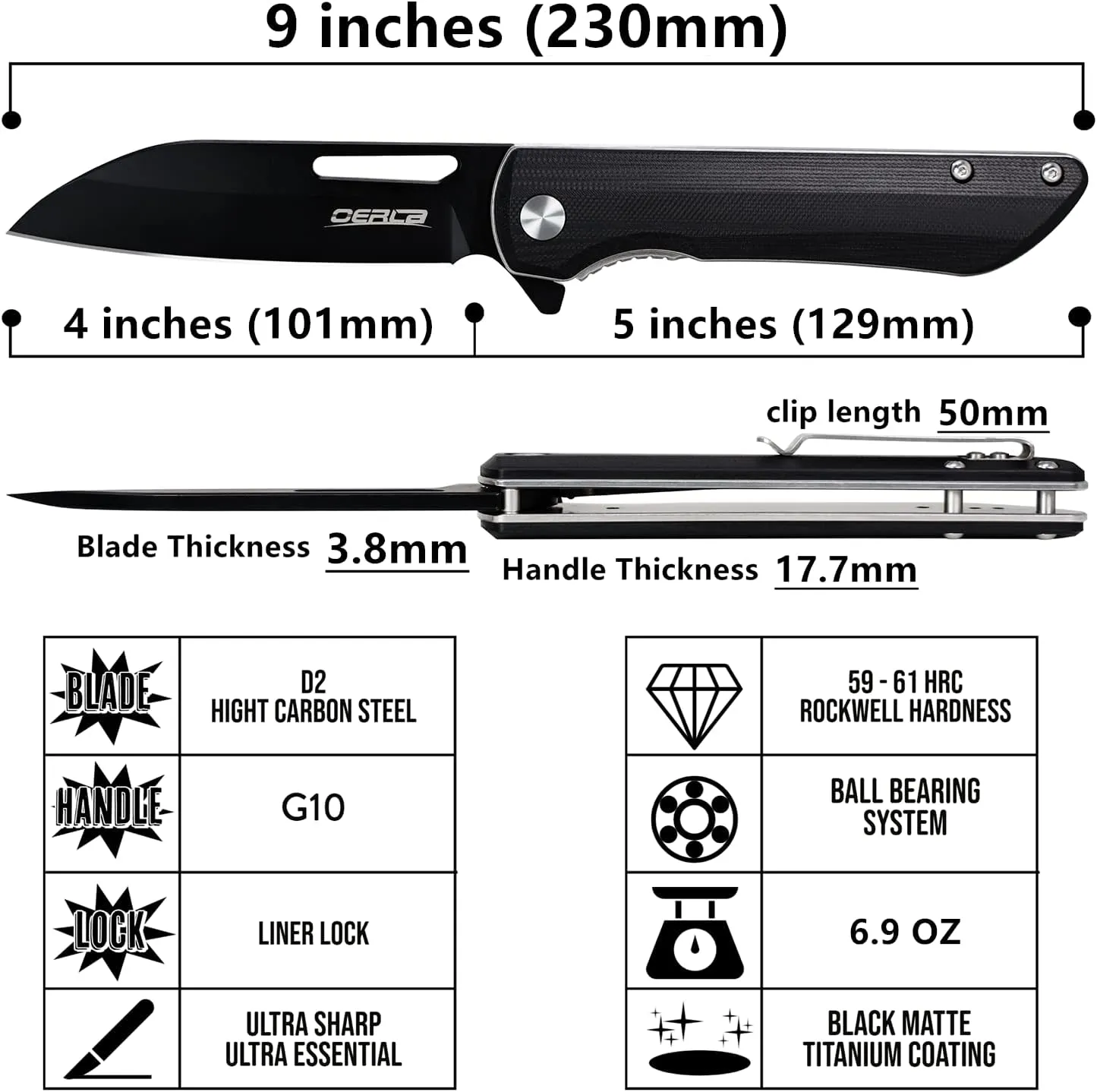 OERLA Knight EDC Folding Pocket Knife 4" D2 Steel Blade with G10 Handle and Deep Pocket Clip for Men and Women of Outdoor Camping Survival and Hiking Knives