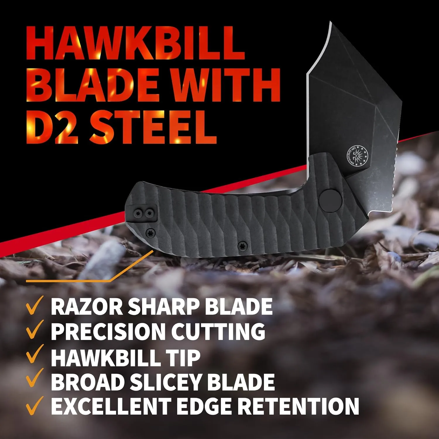 Off-Grid Knives - Raptor EDC Folding Knife with Tumbled Black D2 Steel, Grippy G10, Bearings, Deep Carry Left & Right, Hawkbill Tip, Stout Everyday Carry