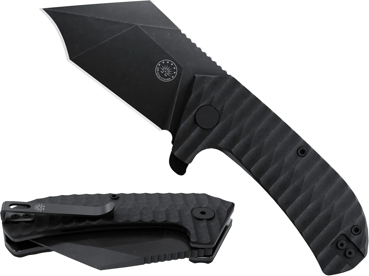 Off-Grid Knives - Raptor EDC Folding Knife with Tumbled Black D2 Steel, Grippy G10, Bearings, Deep Carry Left & Right, Hawkbill Tip, Stout Everyday Carry