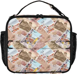 Old Paper Vintage Lunch Box Landmarks Postal Stamps Meal Tote Kids Lunch Bag Insulated Reusable Cooler Soft Shoulder Bag Mini Cooling Back to School