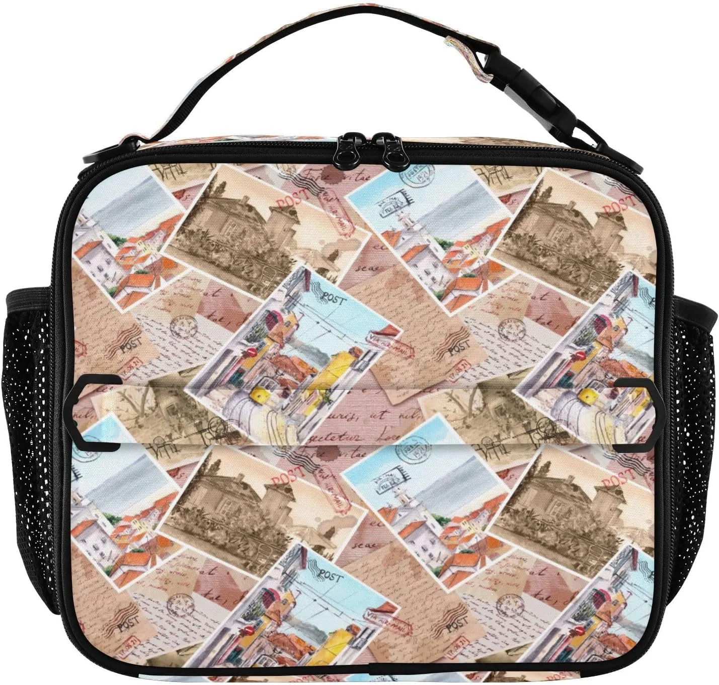 Old Paper Vintage Lunch Box Landmarks Postal Stamps Meal Tote Kids Lunch Bag Insulated Reusable Cooler Soft Shoulder Bag Mini Cooling Back to School