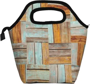 old wood planks brown and blue Insulated Lunch box Food Bag Handbag lunchbox Cooler warm Pouch Tote bag