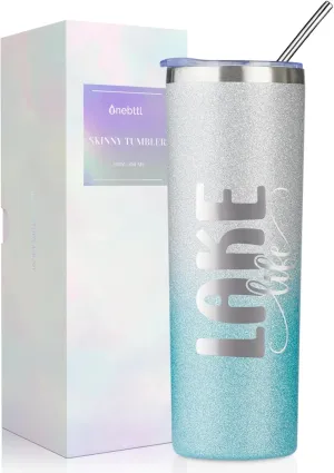 Onebttl Lake House Gifts: 20oz Stainless Steel Insulated Tumbler, Lake Life Housewarming Gift - Silver Blue