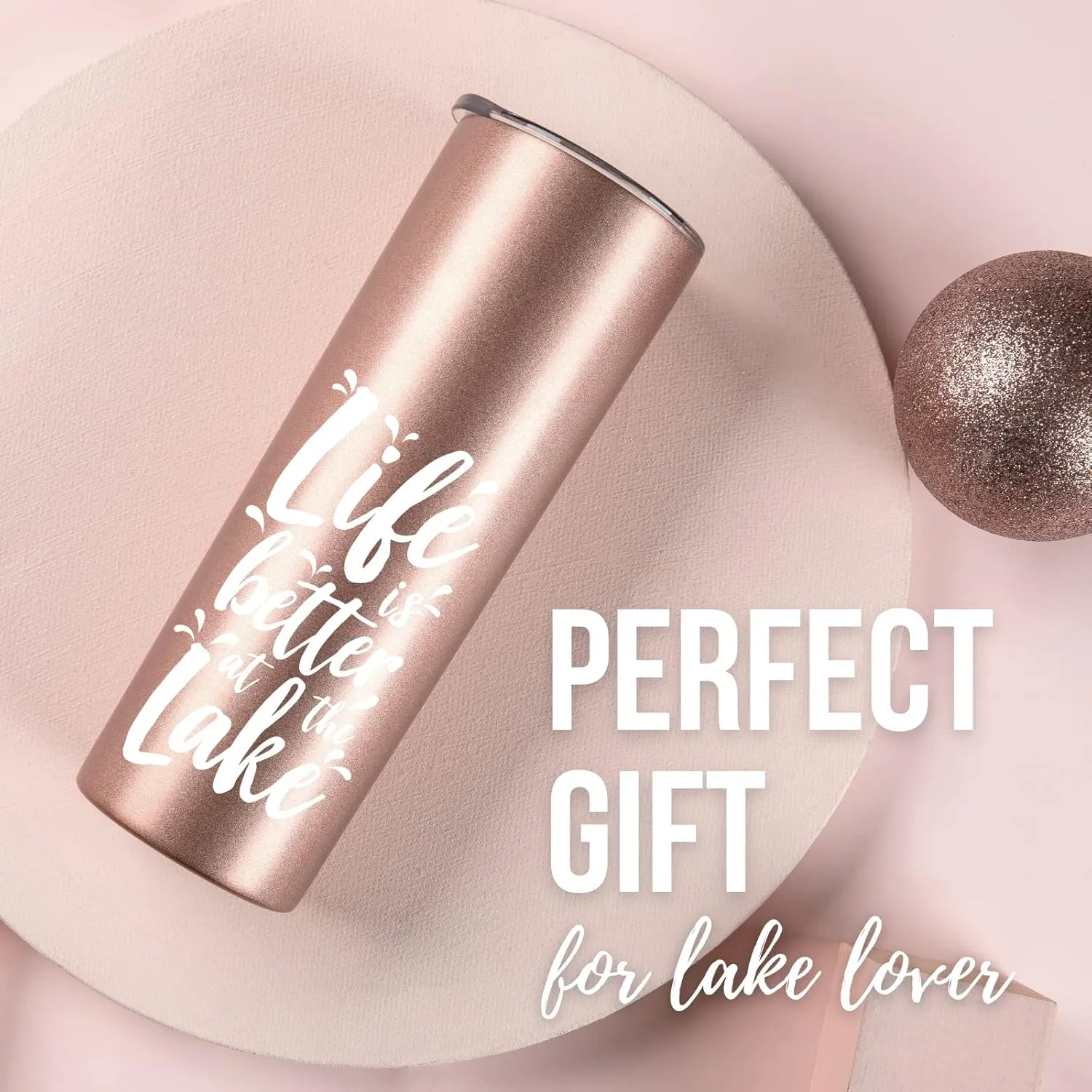Onebttl Lake House Gifts for Women, Lake Gifts 20oz Stainless Steel Insulated Tumbler, Lake Life Gifts for Women, Housewarming Gifts for Lake House - Rose Gold, Life is Better at the Lake