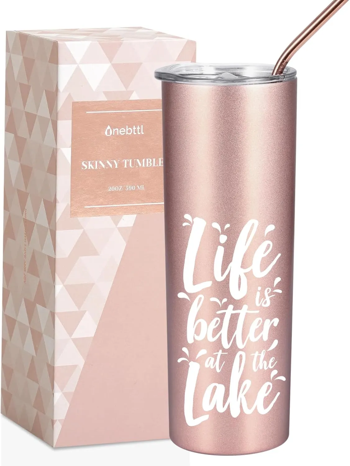 Onebttl Lake House Gifts for Women, Lake Gifts 20oz Stainless Steel Insulated Tumbler, Lake Life Gifts for Women, Housewarming Gifts for Lake House - Rose Gold, Life is Better at the Lake