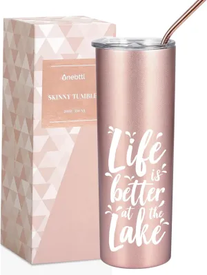 Onebttl Lake House Gifts for Women, Lake Gifts 20oz Stainless Steel Insulated Tumbler, Lake Life Gifts for Women, Housewarming Gifts for Lake House - Rose Gold, Life is Better at the Lake