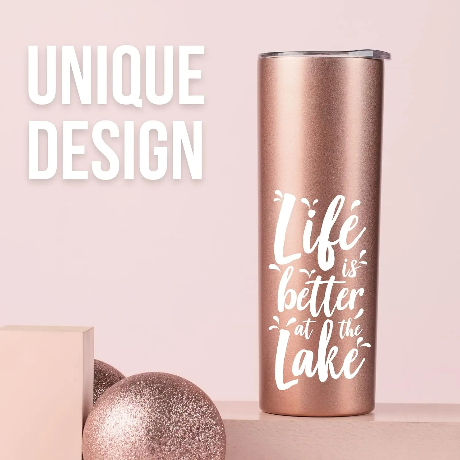 Onebttl Lake House Gifts for Women, Lake Gifts 20oz Stainless Steel Insulated Tumbler, Lake Life Gifts for Women, Housewarming Gifts for Lake House - Rose Gold, Life is Better at the Lake