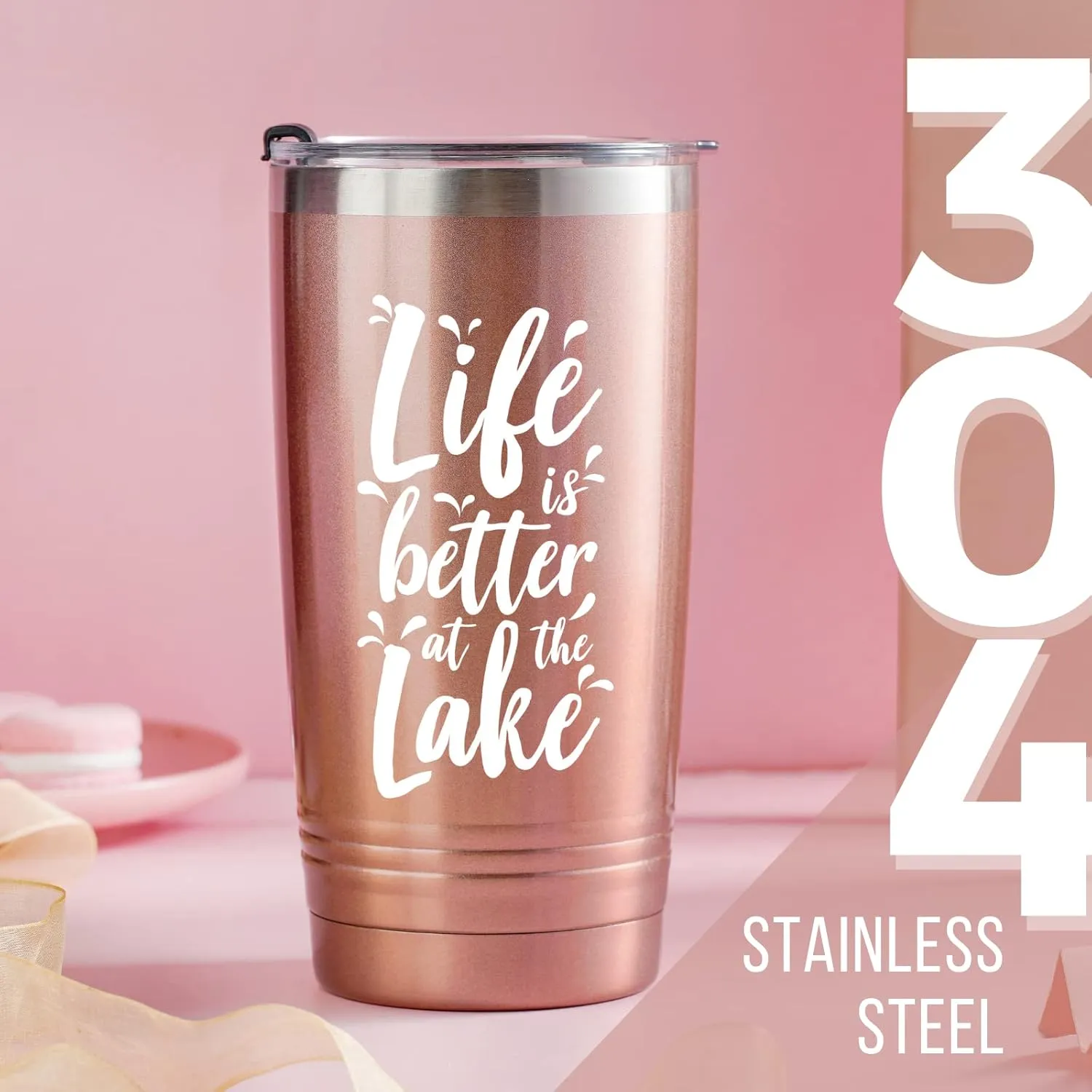 Onebttl Lake Themed Tumbler, 20oz Insulated, Rose Gold