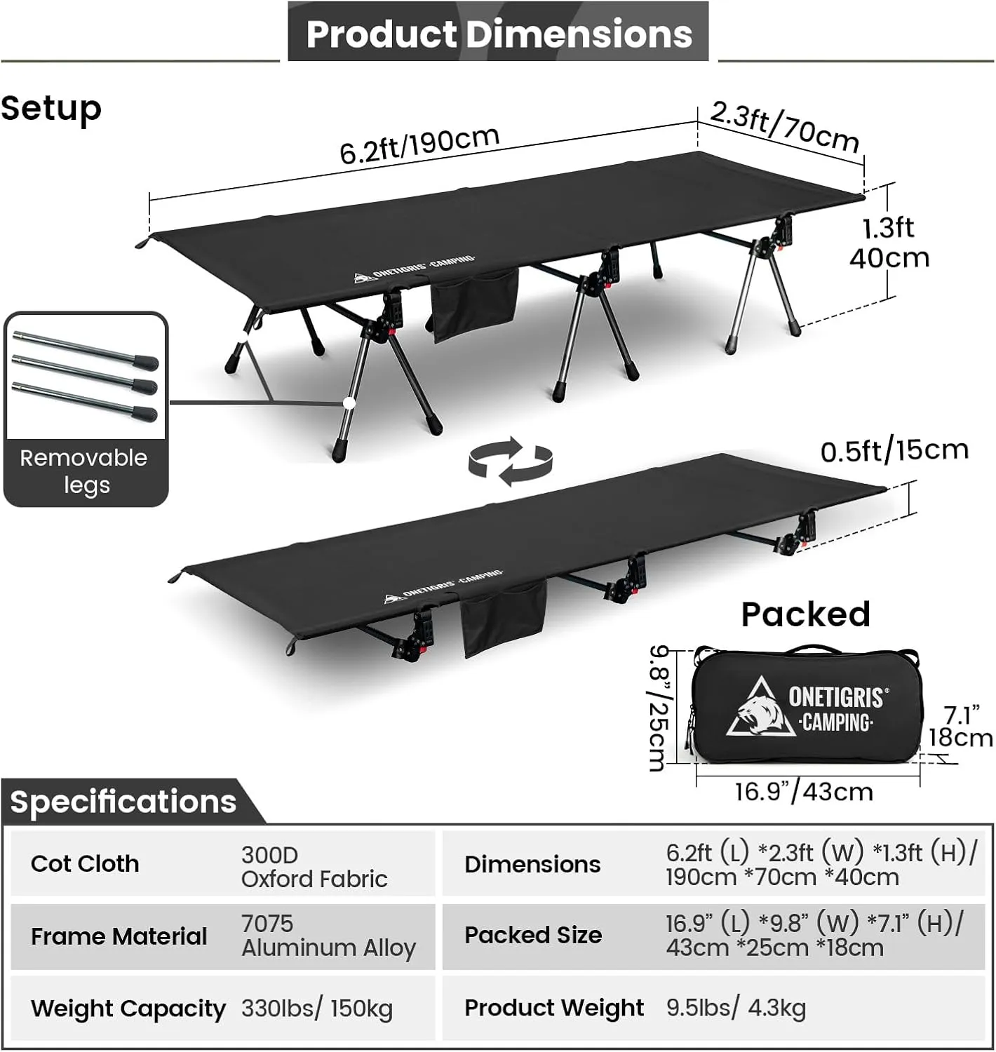 OneTigris SUPRANUBIS Camping Cot, Height Adjustable with Cot Leg Extenders, Strong Support 330lbs, Portable Folding Bed for Camping, Hiking, Travel, Truck, Beach, Office Nap (Black)
