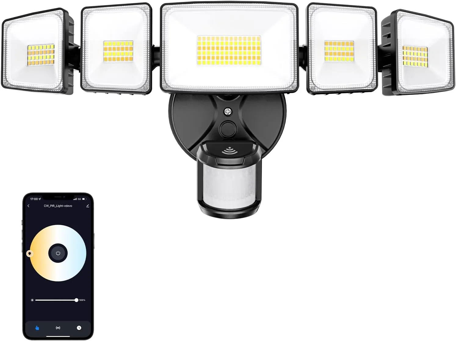 Onforu 5 Heads 120W Smart LED Security Lights Motion Sensor Outdoor, 340° Illumination WiFi Alexa Flood Light 12000LM APP Control, 2700K-6500K Exterior Motion Detector, IP65 Wall Light for Yard, Balck