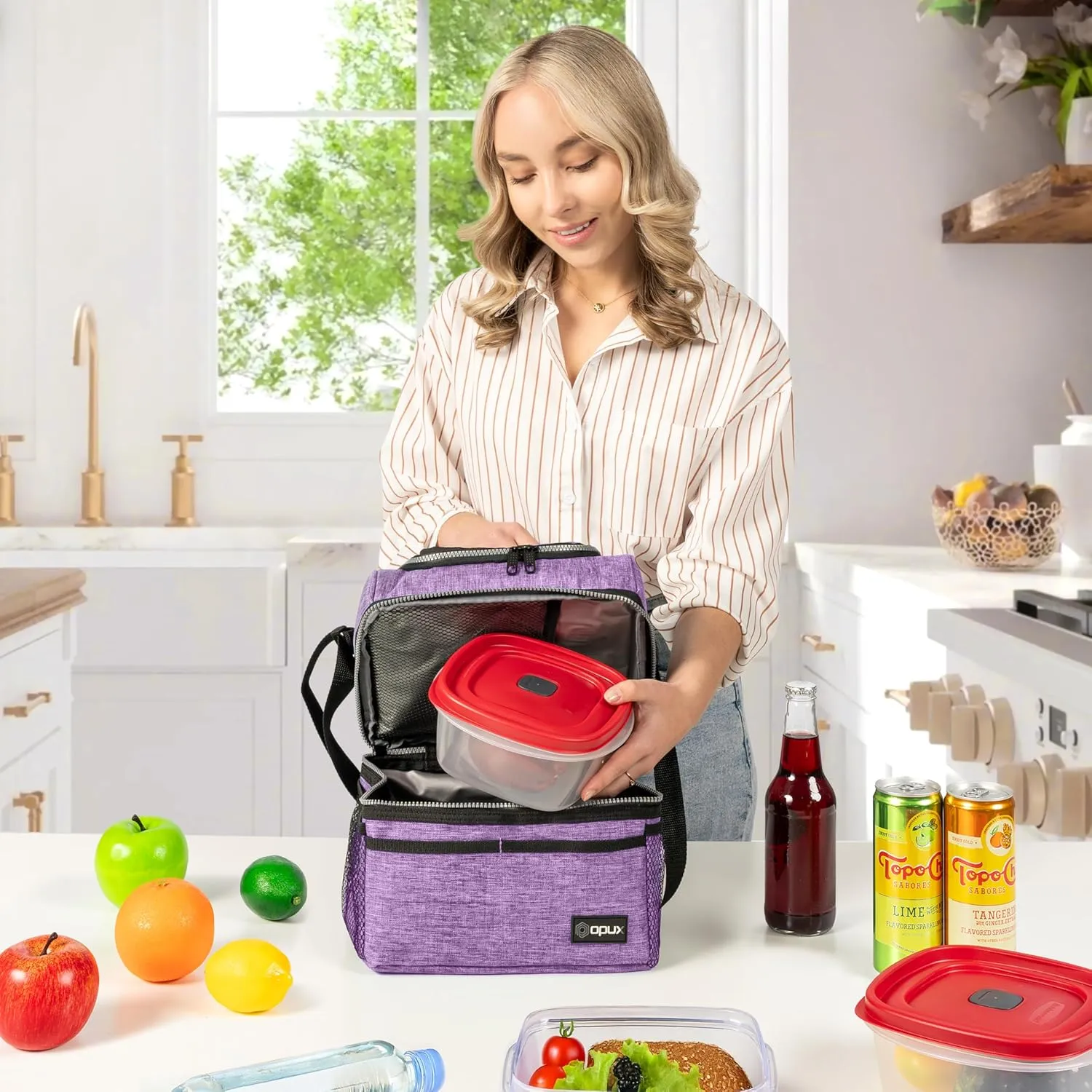 OPUX Lunch Box For Women, Insulated Large Lunch Bag Adult Work, Double Decker Lunchbox Meal Prep, Dual Compartment Leakproof Lunch Cooler, Soft Lunch Pail Tote for Girls Kids School (Purple 16 Cans)