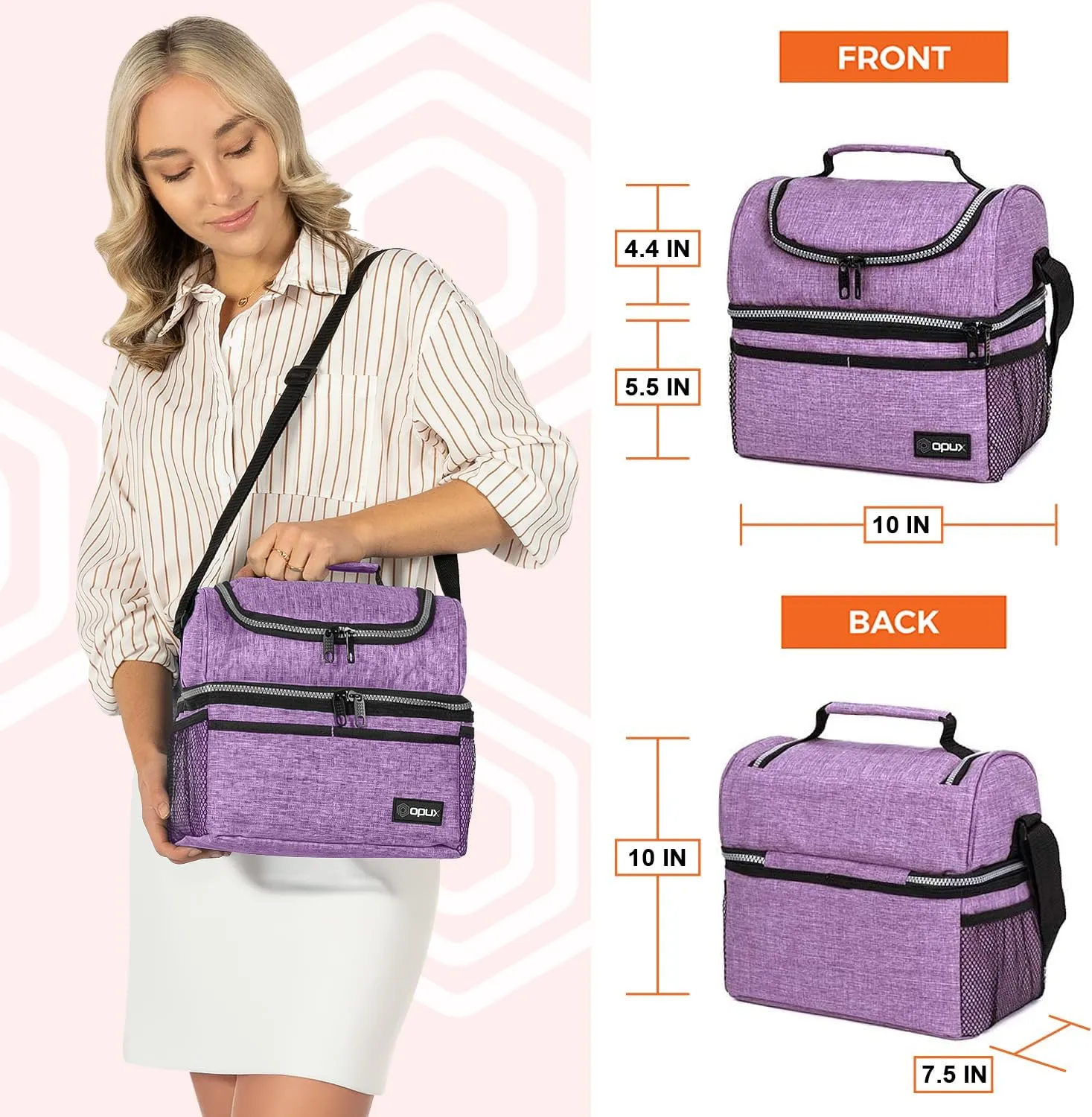 OPUX Lunch Box For Women, Insulated Large Lunch Bag Adult Work, Double Decker Lunchbox Meal Prep, Dual Compartment Leakproof Lunch Cooler, Soft Lunch Pail Tote for Girls Kids School (Purple 16 Cans)