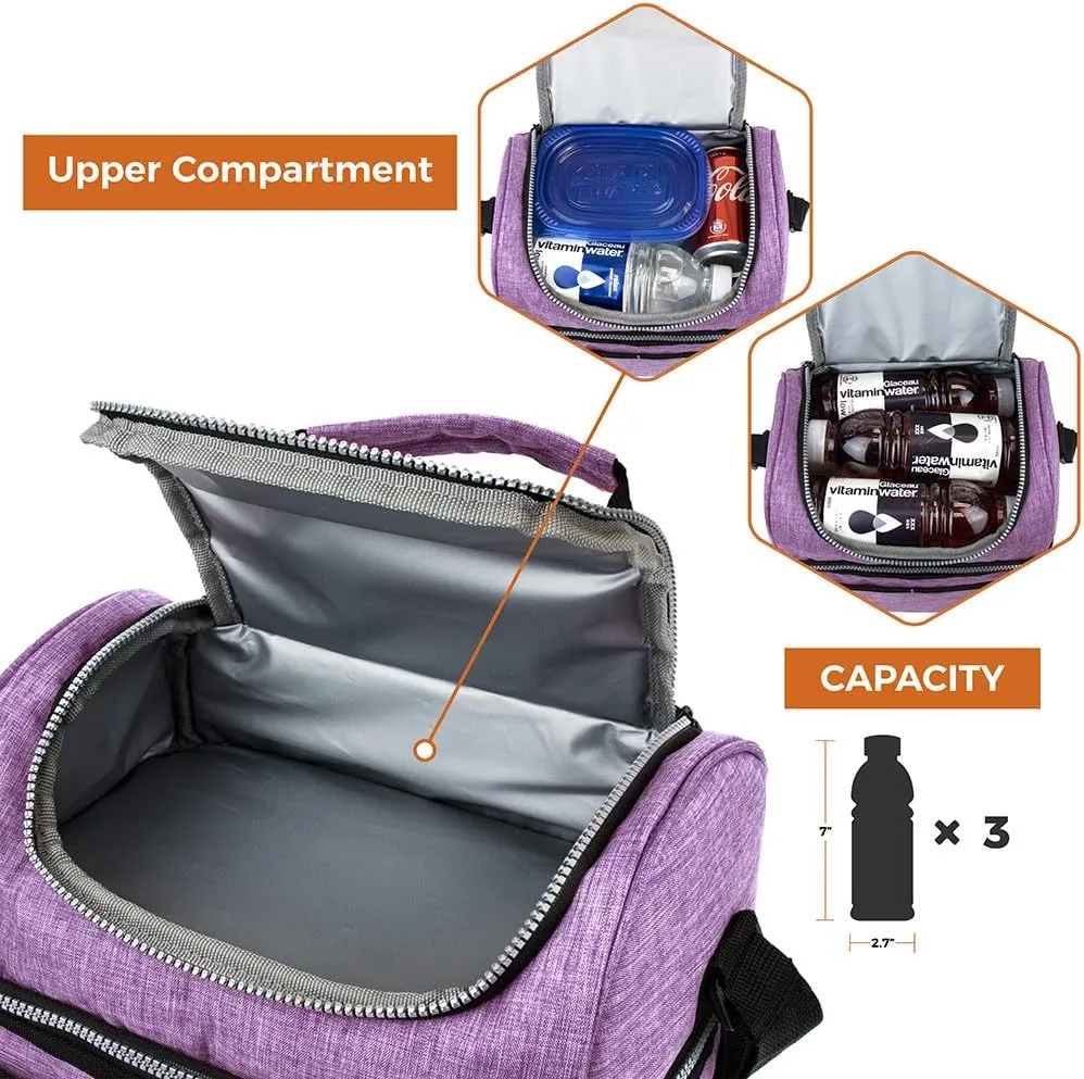 OPUX Lunch Box For Women, Insulated Large Lunch Bag Adult Work, Double Decker Lunchbox Meal Prep, Dual Compartment Leakproof Lunch Cooler, Soft Lunch Pail Tote for Girls Kids School (Purple 16 Cans)