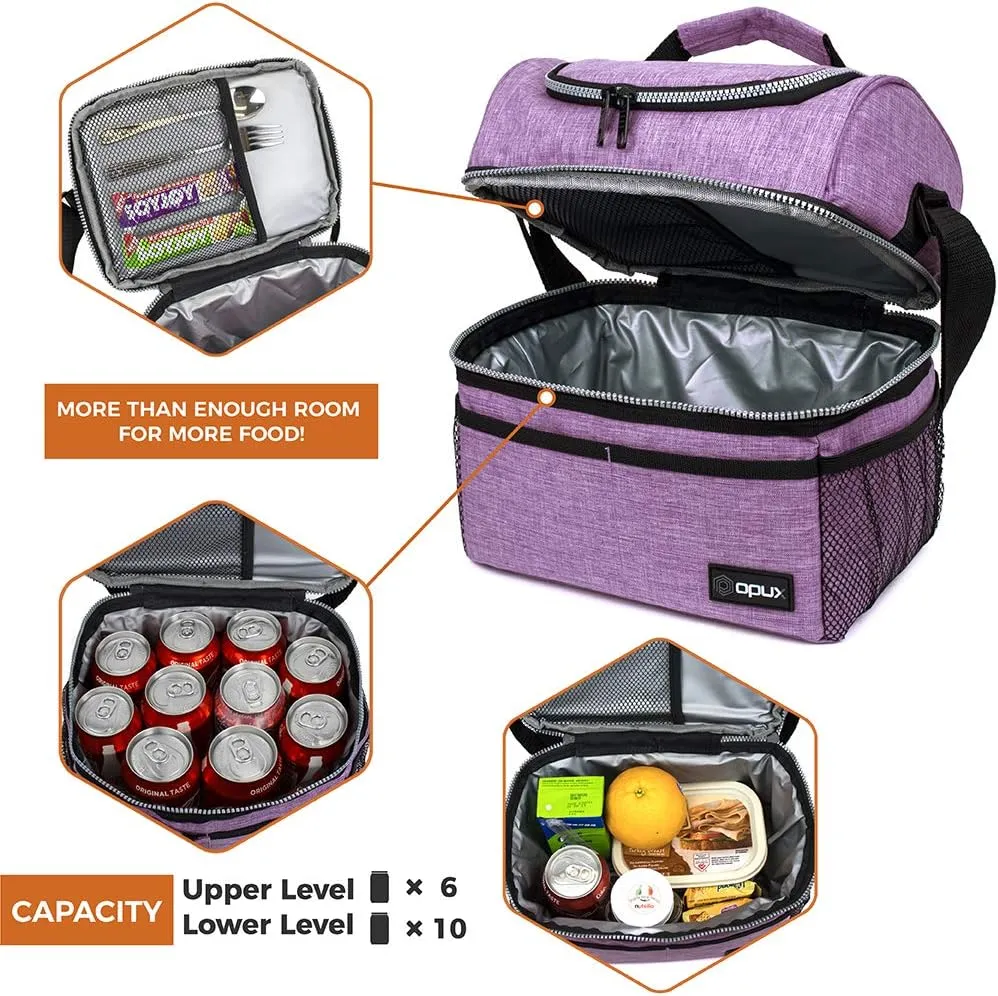 OPUX Lunch Box For Women, Insulated Large Lunch Bag Adult Work, Double Decker Lunchbox Meal Prep, Dual Compartment Leakproof Lunch Cooler, Soft Lunch Pail Tote for Girls Kids School (Purple 16 Cans)