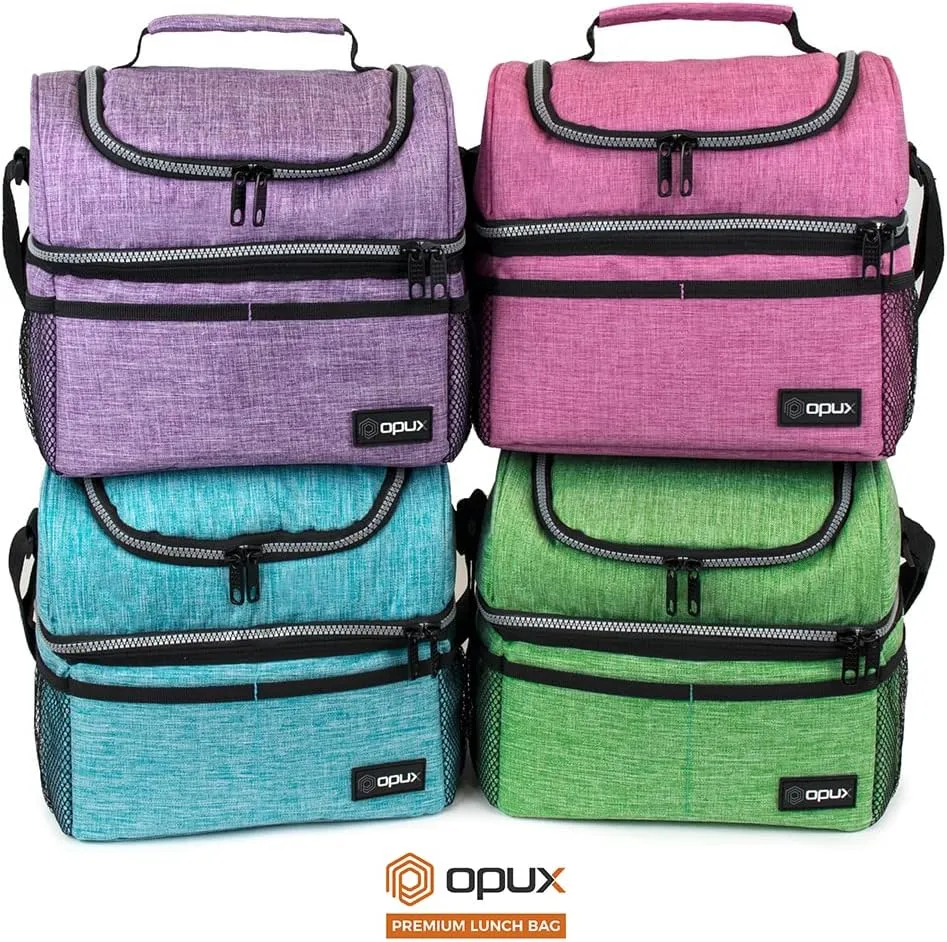 OPUX Lunch Box For Women, Insulated Large Lunch Bag Adult Work, Double Decker Lunchbox Meal Prep, Dual Compartment Leakproof Lunch Cooler, Soft Lunch Pail Tote for Girls Kids School (Purple 16 Cans)