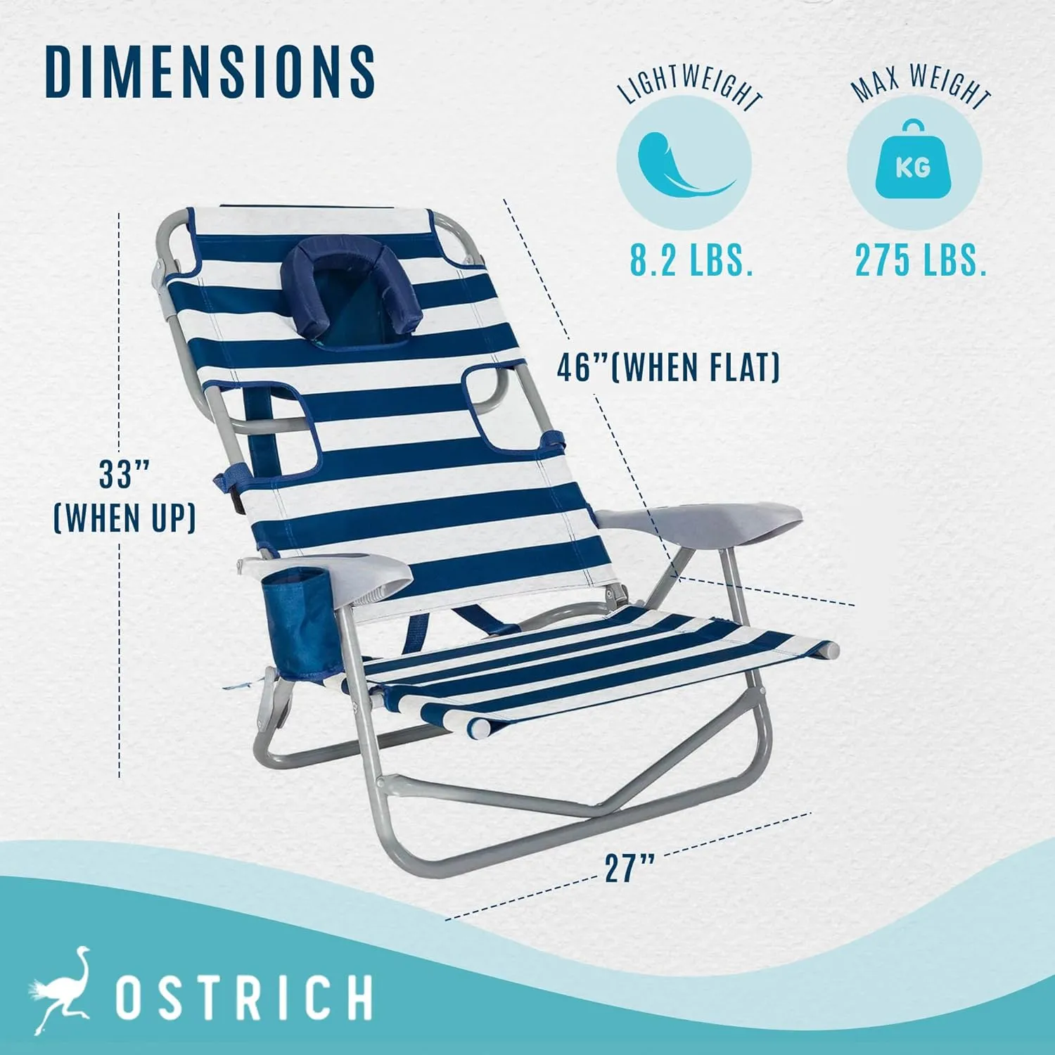 Ostrich Deluxe On-Your-Back Backpack Reclining Beach Pool Camping Chair, Striped