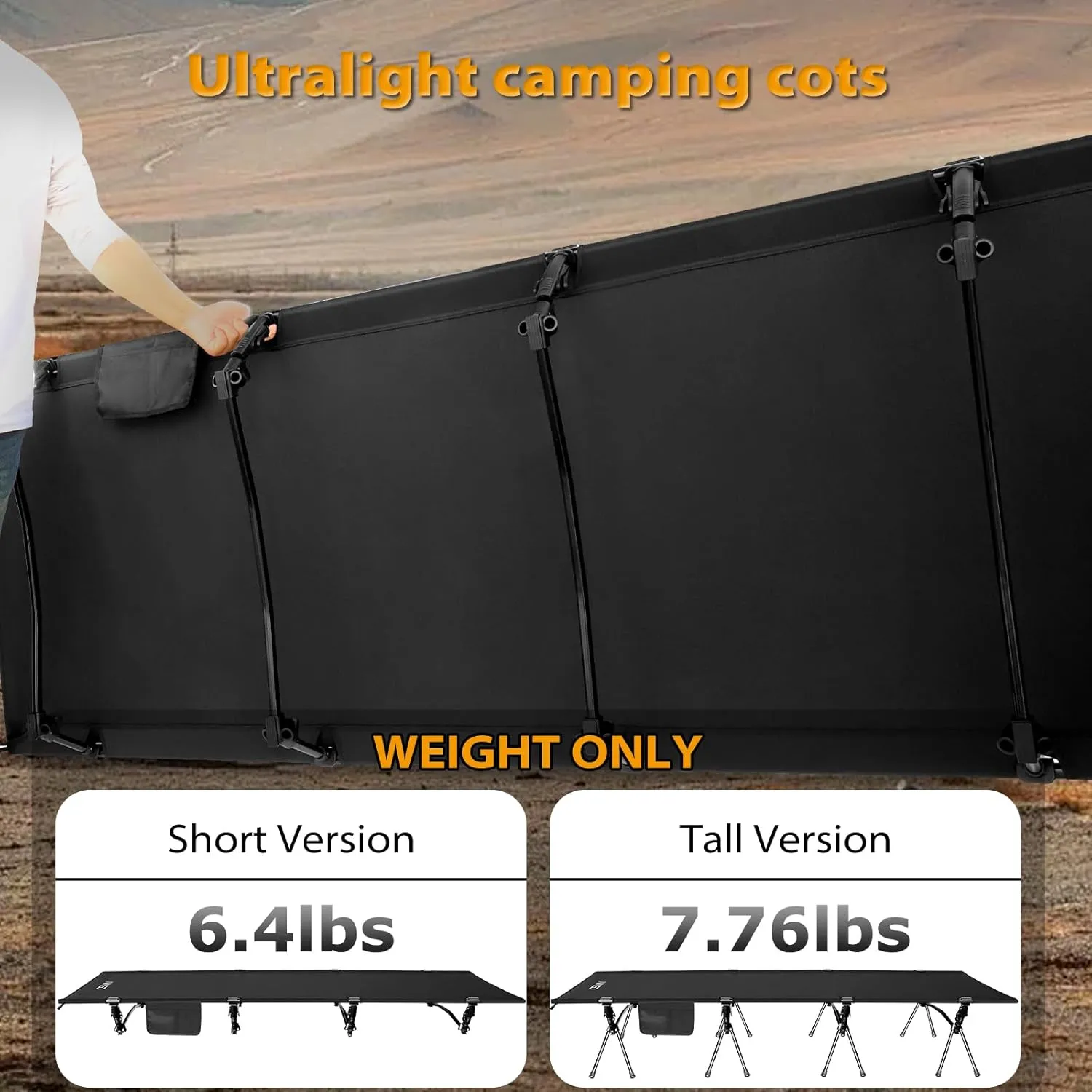 OSWIN XXL Camping Cots with Leg Extensions，Folding Camping Cots for Adults, Ultralight Folding Backpack cots, Support 330 pounds, Portable Camping beds Outdoor Hiking RV Beach (Wider Black)