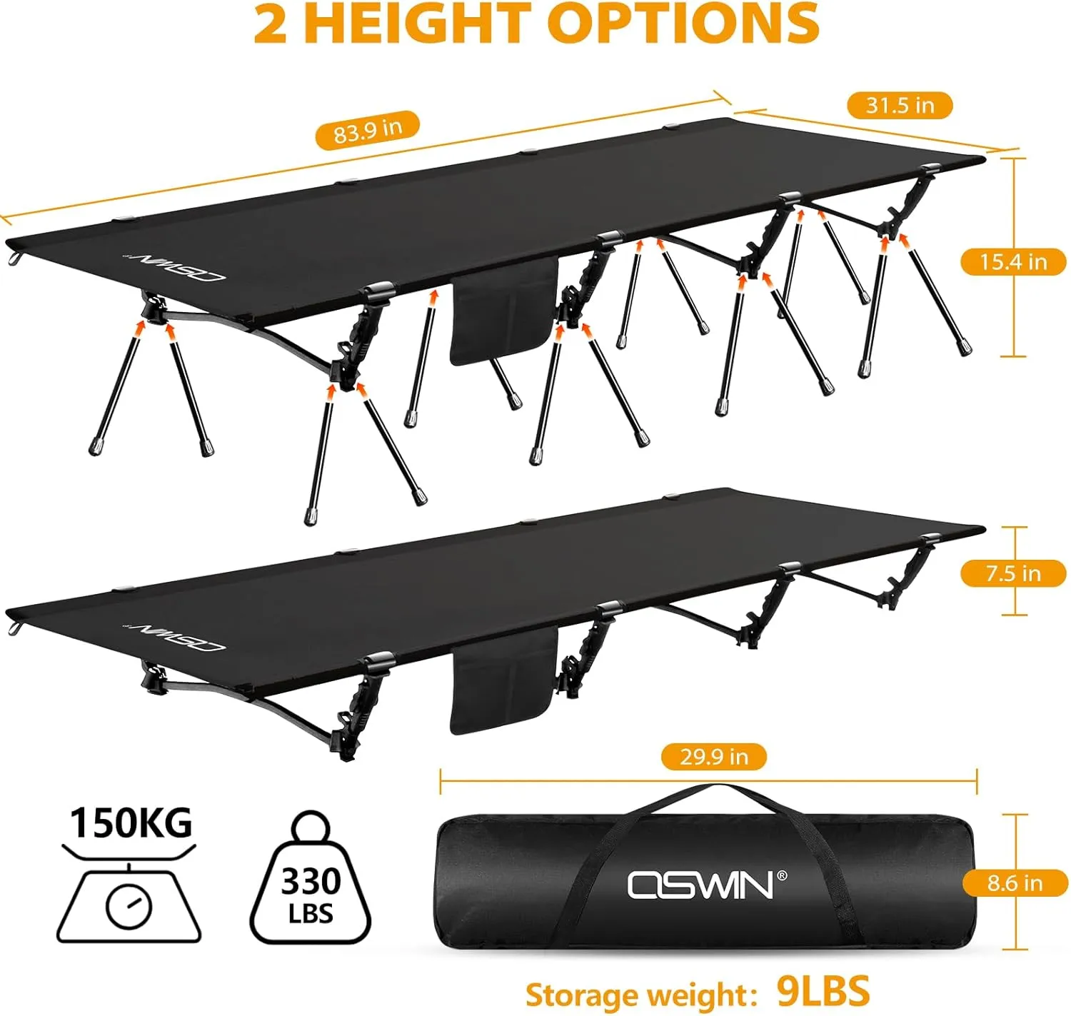 OSWIN XXL Camping Cots with Leg Extensions，Folding Camping Cots for Adults, Ultralight Folding Backpack cots, Support 330 pounds, Portable Camping beds Outdoor Hiking RV Beach (Wider Black)