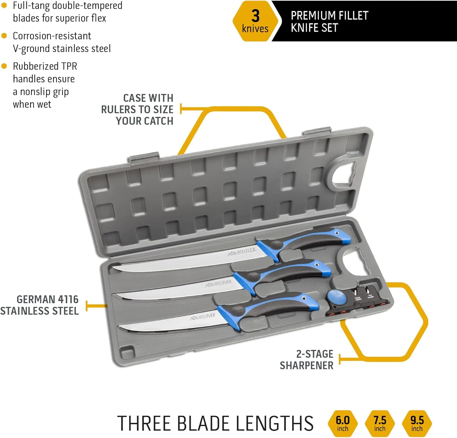 OUTDOOR EDGE Fillet Knife Set | ReelFlex Pak Features 3 Razor-Sharp Flexible Fillet Knives | 6", 7.5" & 9" German Stainless Blades, Non-Slip Handles, Sharpener & Hard Case | Fishing Gear & Equipment