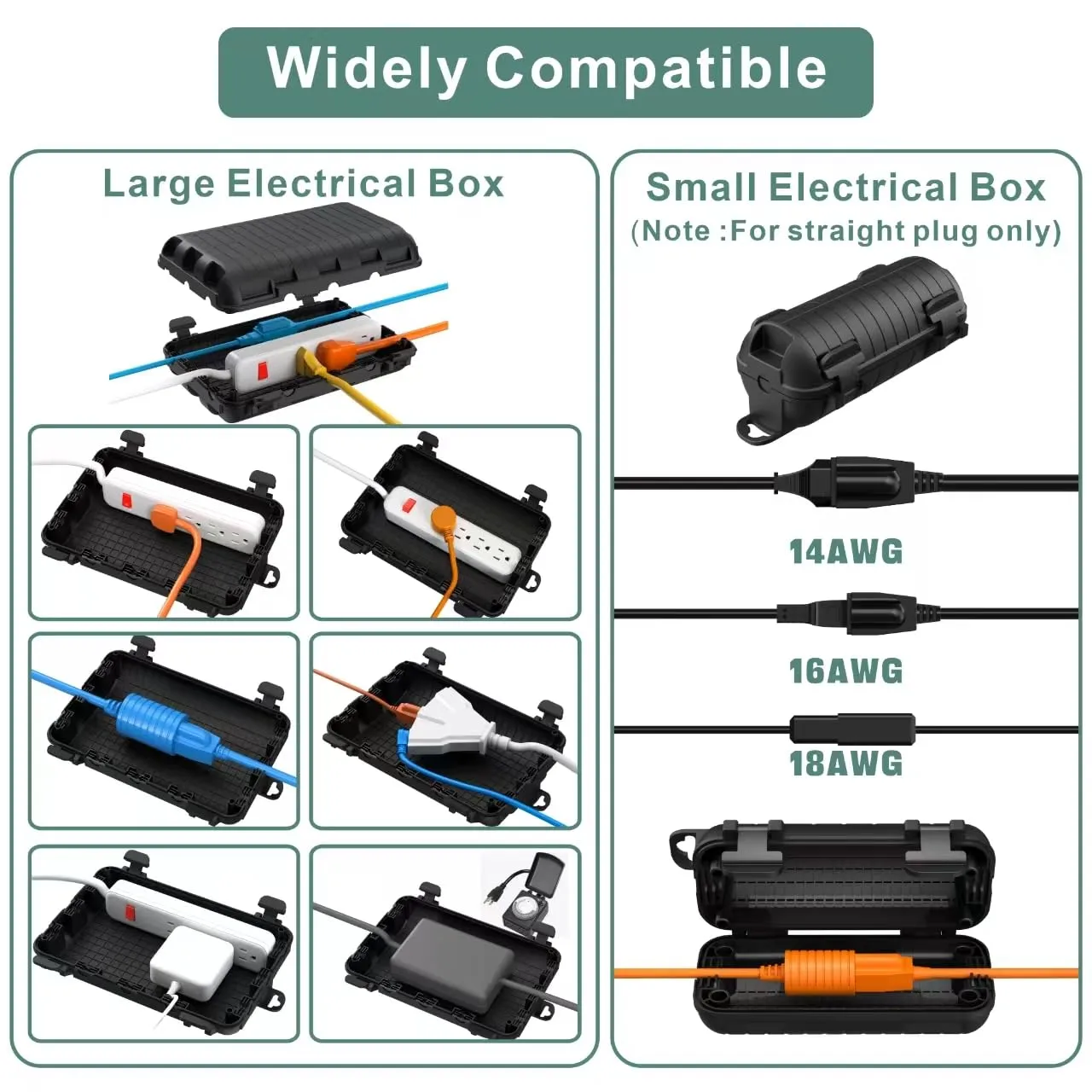 Outdoor Extension Cord Box, 3Pack Large Waterproof Electrical Box Plug Protector Cable Connection Safety Cover IP54 Water-Resistant for Power Strip, Holiday Light and Decorations, Black