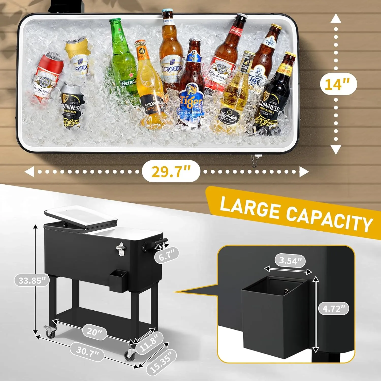 Outvita 80 Quart Rolling Ice Chest, Portable Bar Drink Cooler with Catch Basin, Bottom Storage Tray and Bottle Opener for Patio Party BBQ Beach Activities