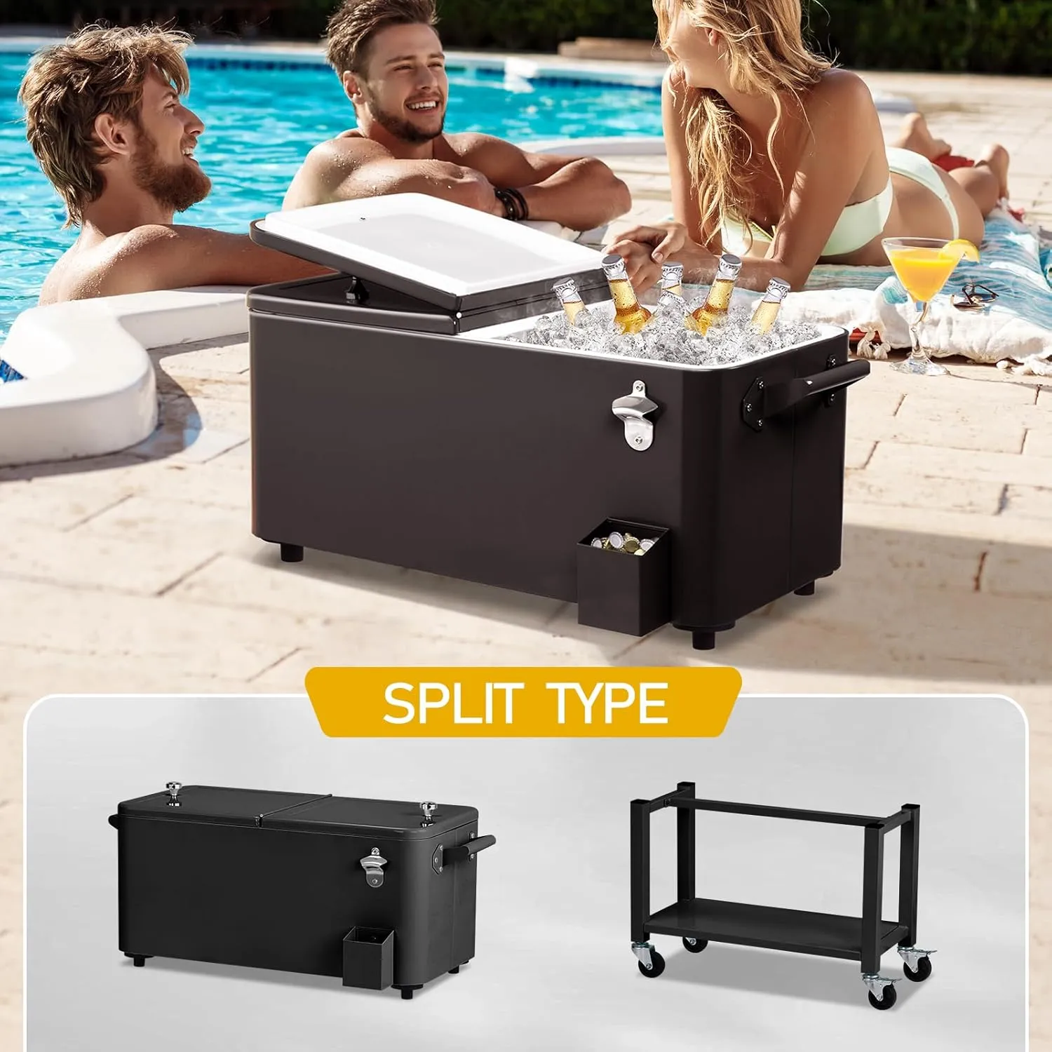 Outvita 80 Quart Rolling Ice Chest, Portable Bar Drink Cooler with Catch Basin, Bottom Storage Tray and Bottle Opener for Patio Party BBQ Beach Activities