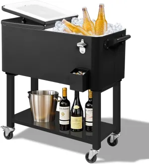 Outvita 80 Quart Rolling Ice Chest, Portable Bar Drink Cooler with Catch Basin, Bottom Storage Tray and Bottle Opener for Patio Party BBQ Beach Activities