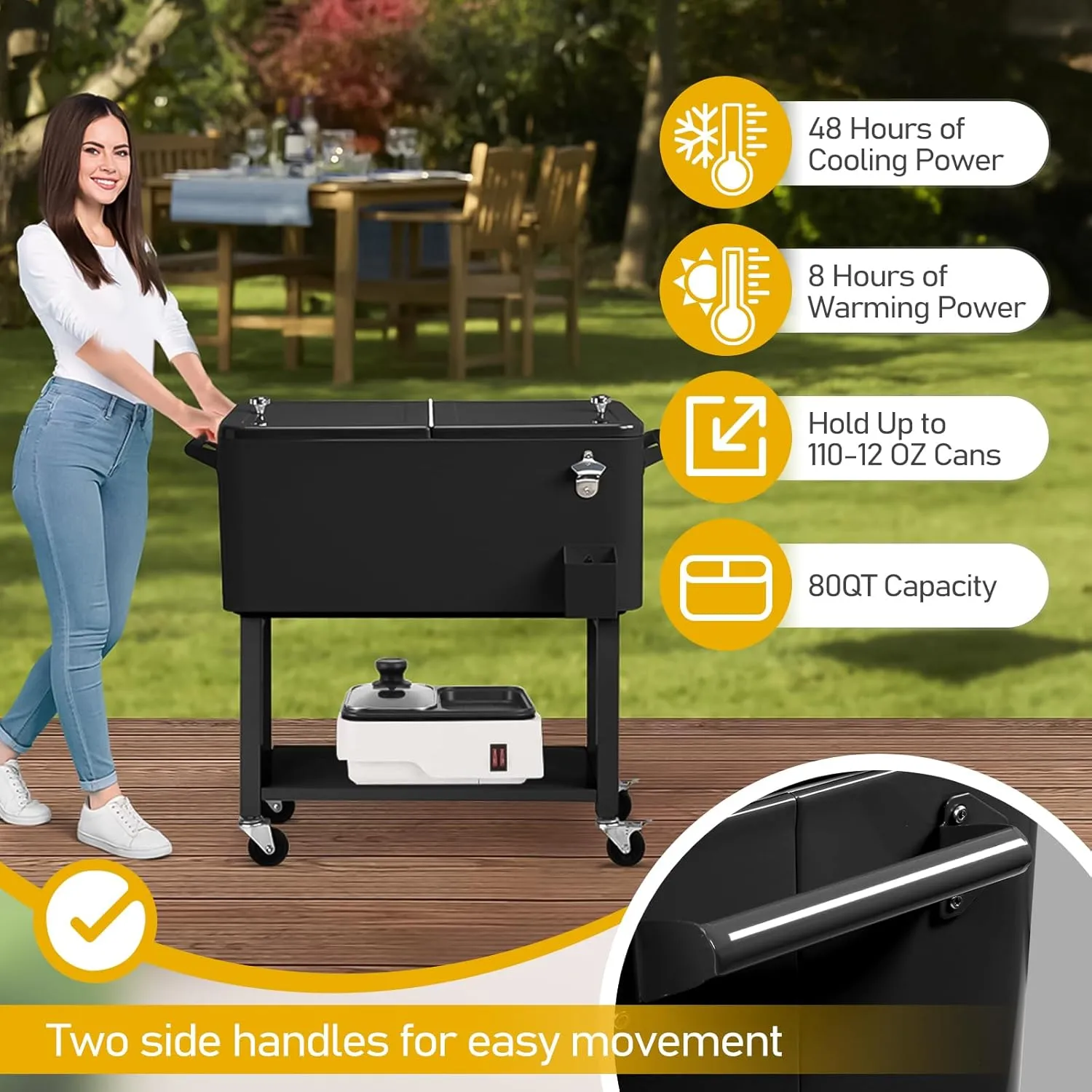 Outvita 80 Quart Rolling Ice Chest, Portable Bar Drink Cooler with Catch Basin, Bottom Storage Tray and Bottle Opener for Patio Party BBQ Beach Activities