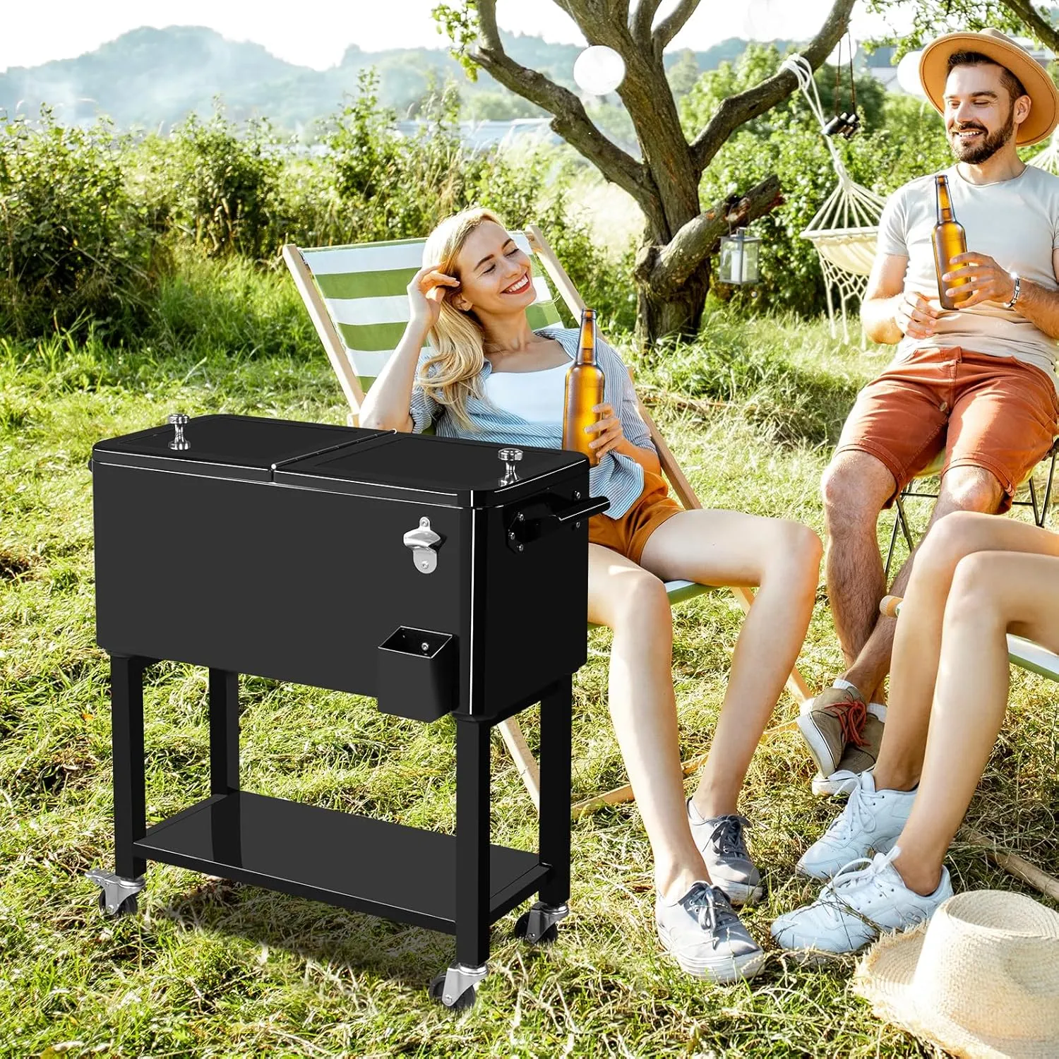 Outvita 80 Quart Rolling Ice Chest, Portable Bar Drink Cooler with Catch Basin, Bottom Storage Tray and Bottle Opener for Patio Party BBQ Beach Activities