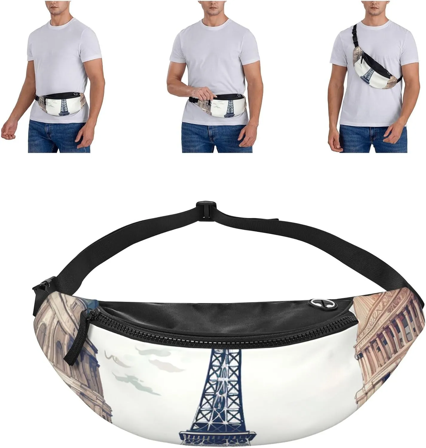 Paris Landmarks Pattern Fanny Pack for Man Women Waist Bag Adjustable Belt Casual Chest Bag Bum Bags for Travel Sports Running Hiking Waist Packs
